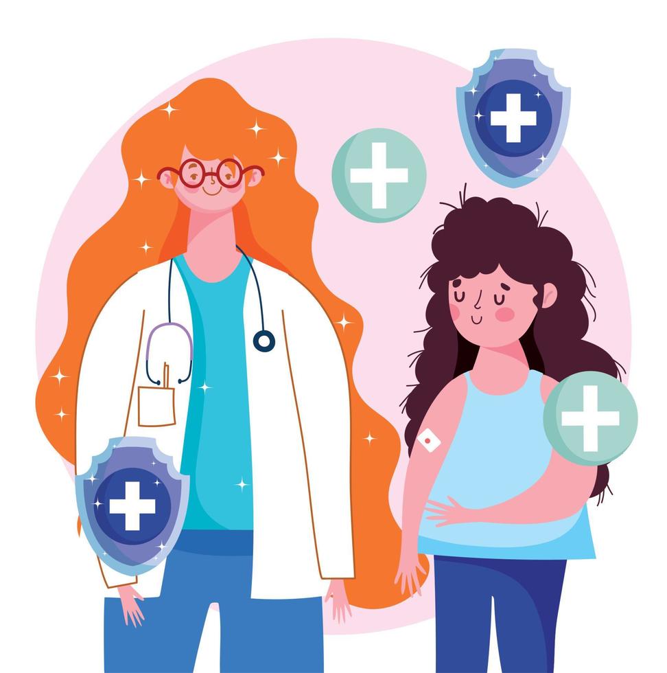 vrouw dokter en meisje geduldig met band steun in arm medisch Gezondheid zorg vaccinatie vector