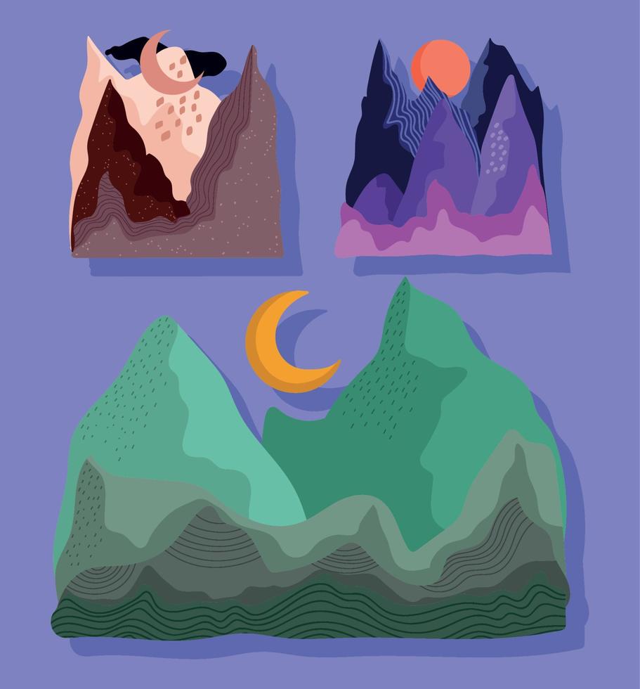 abstract landschap icoon set, bergen top Alpen maan nacht landschappen vector