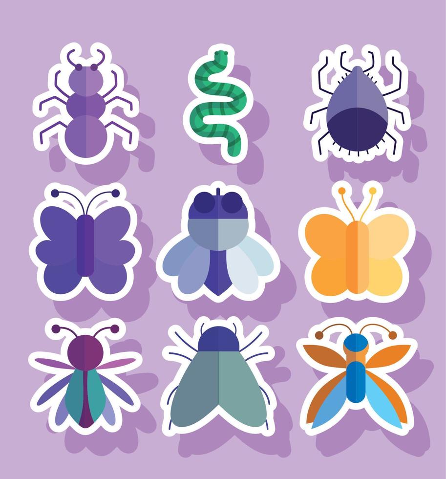 verzameling bugs natuurlijk dier tekenfilm in stickers stijl vector