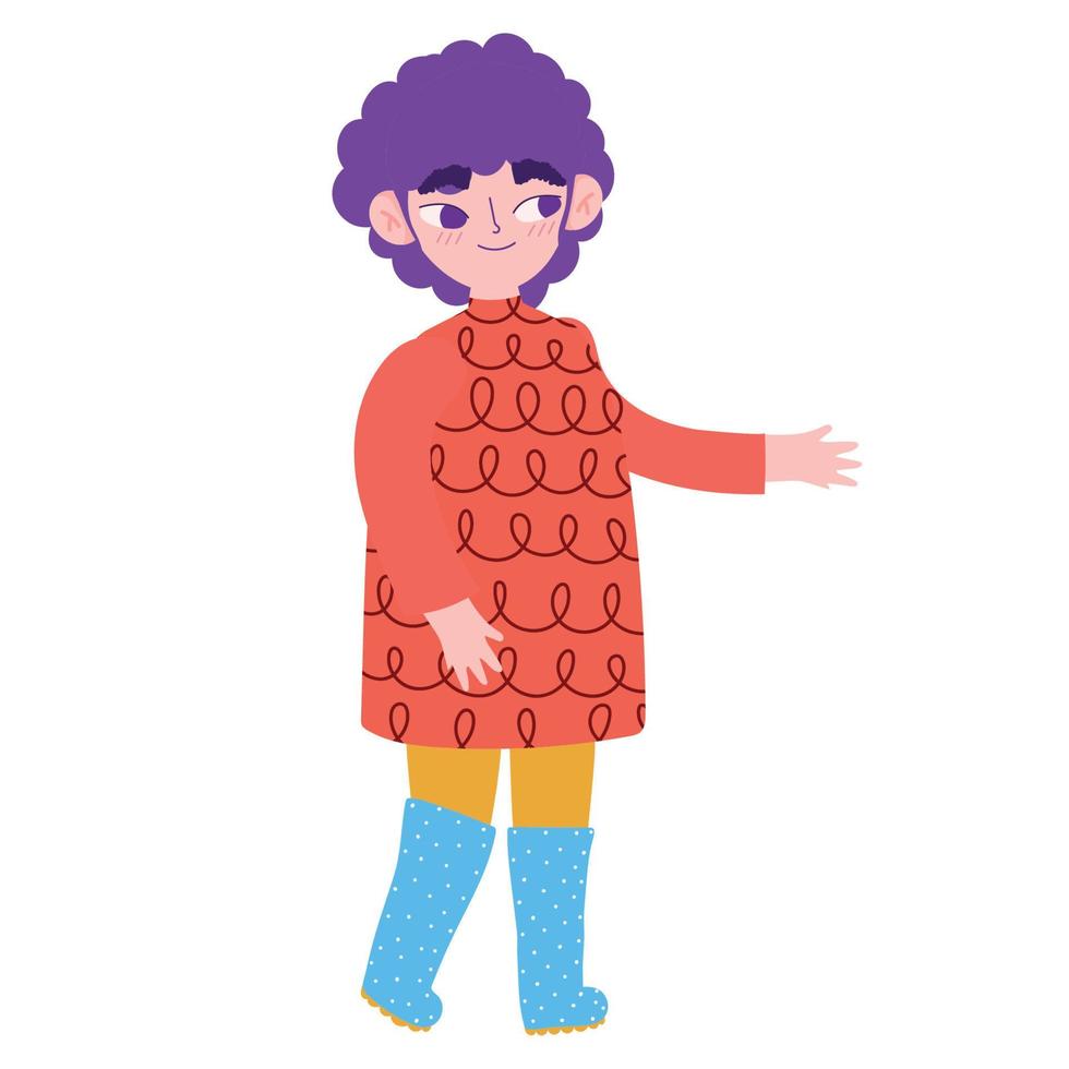 jongen met trui en laarzen slijtage winter kleren tekenfilm vector
