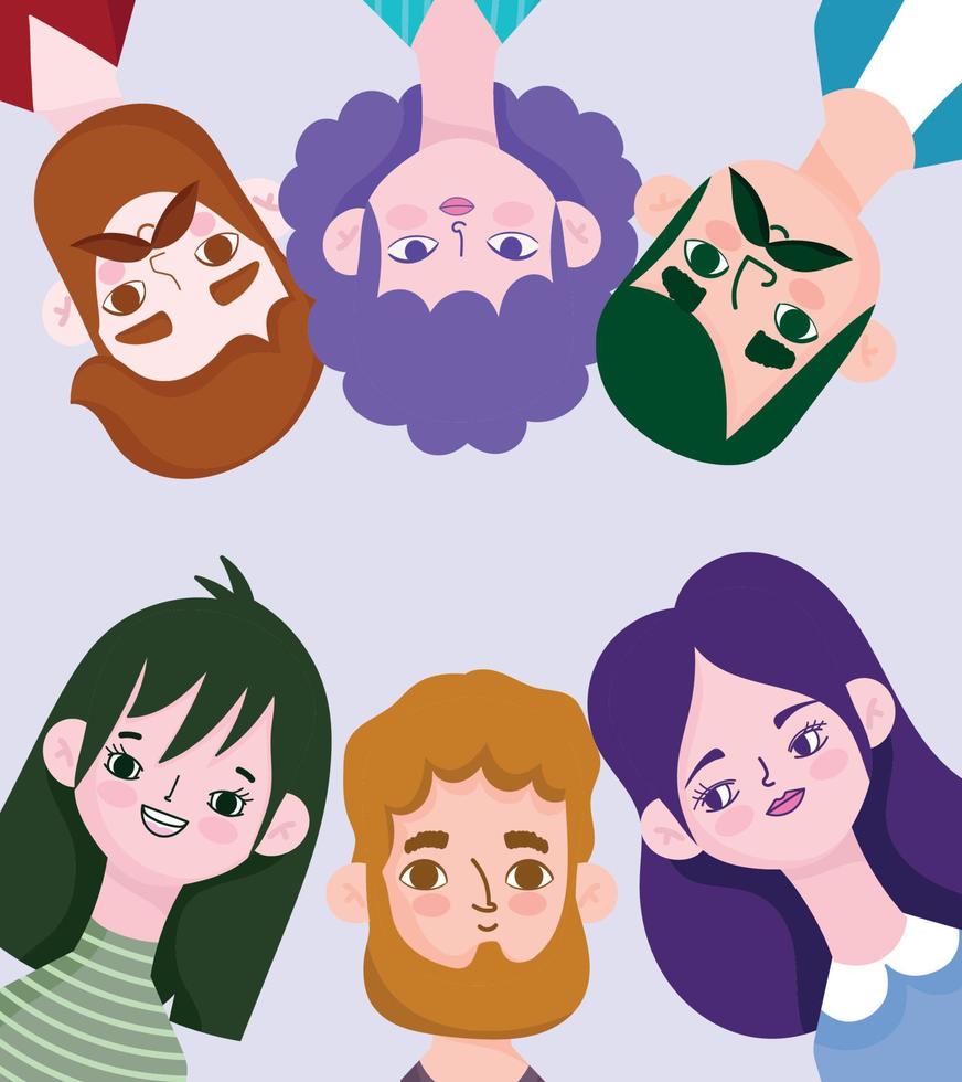 mensen avatar, gelukkig mannen en Dames tekenfilm jong portret vector