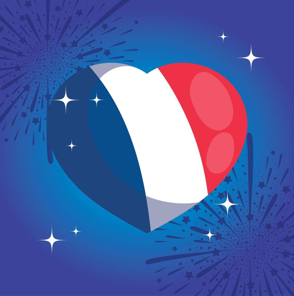 Frankrijk hart met vuurwerk van gelukkig Bastille dag vector ontwerp