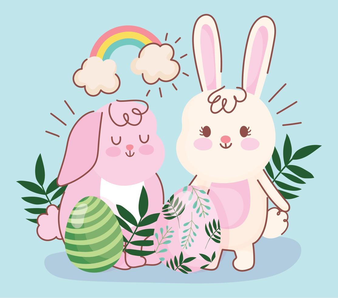 gelukkig Pasen roze en wit konijntjes eieren gebladerte decoratie vector