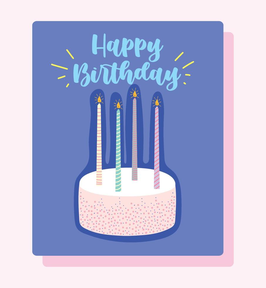 gelukkig verjaardag, taart met brandend kaarsen tekenfilm viering decoratie kaart vector