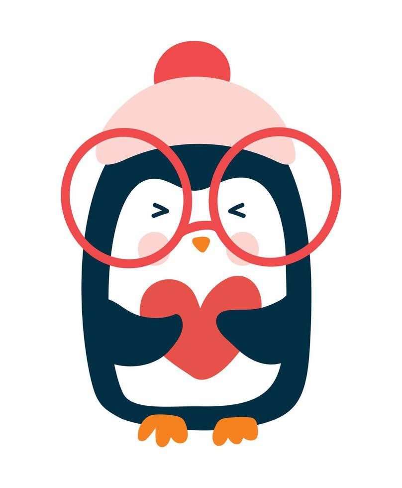 schattig Kerstmis baby vector winter pinguïn nemen hart in gebreid rood hoed en bril in tekenfilm stijl. geïsoleerd Aan wit achtergrond vlak illustratie