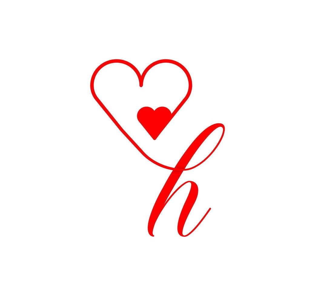 h brief script hart lijn. van de hart. brief h handschrift logo sjabloon met liefde en hart vorm decoratie. de eerste handtekening vector. vector