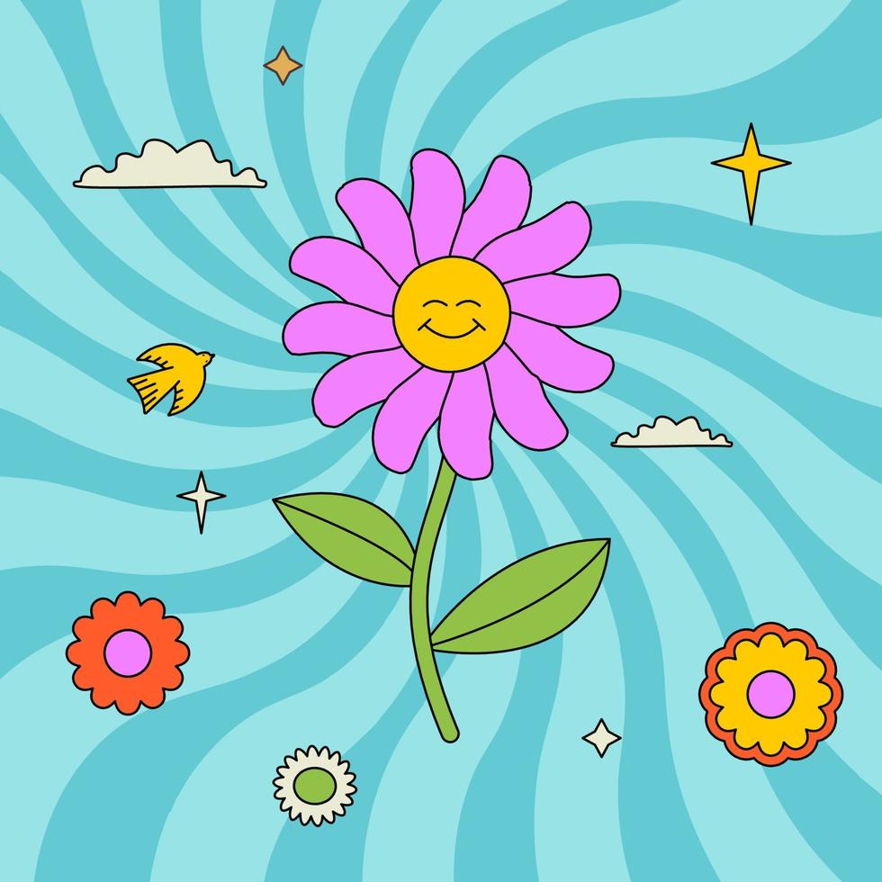 kleurrijk groovy illustratie met glimlachen bloem, sterren, madeliefjes en wolken. funky geschetst lapje. vector