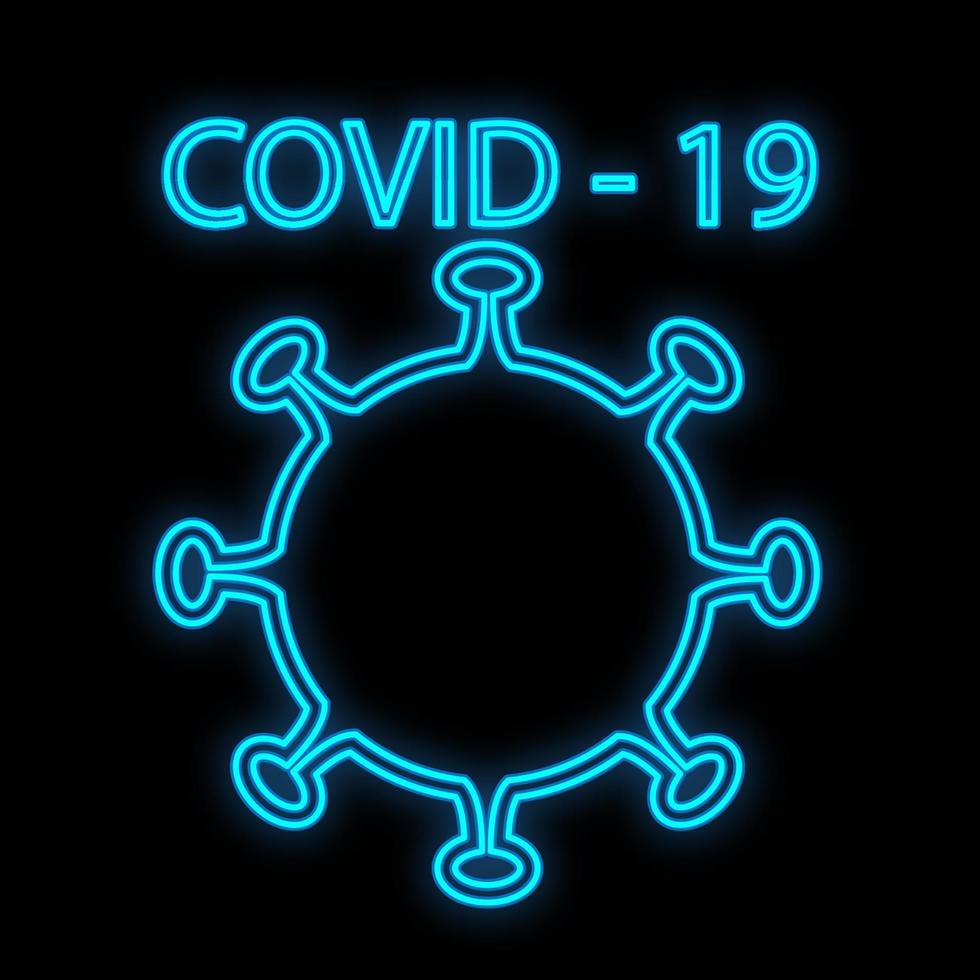 helder gloeiend blauw medisch wetenschappelijk digitaal neon teken voor ziekenhuis laboratorium apotheek mooi met coronavirus pandemisch virus Aan zwart achtergrond en opschrift covid 19. vector illustratie