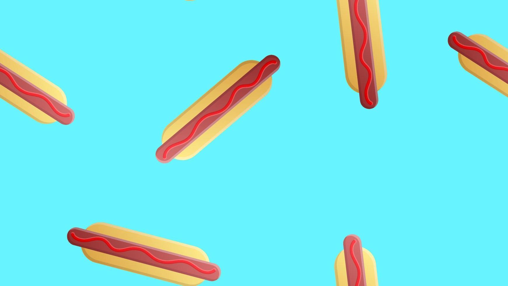 hotdog ons blauw achtergrond, vector illustratie, patroon. bun met worst, ketchup. favoriete tussendoortje. behang voor restaurant, cafe, keuken decor. Koken Oppervlakte decoratie