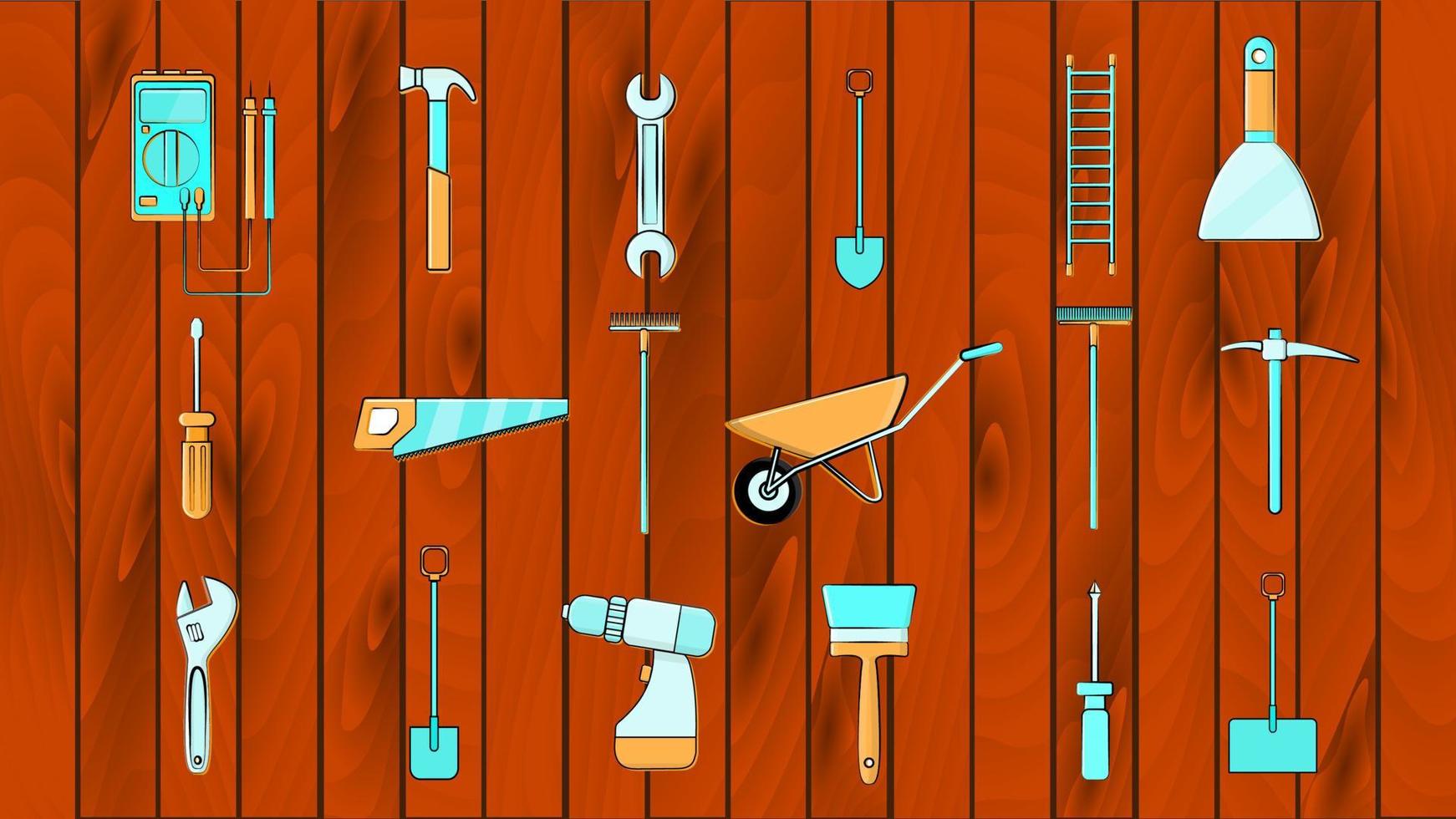 een groot reeks van pictogrammen van bouw, loodgieter, tuin, reparatie, gereedschap Aan een houten achtergrond Schep, zaag, hamer, borstel, dweil, hark, karretje, troffel, schroevendraaier, pikhouweel, ladder Aan. vector