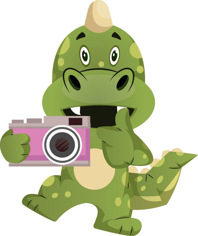 groen draak is Holding camera, illustratie, vector Aan wit achtergrond.