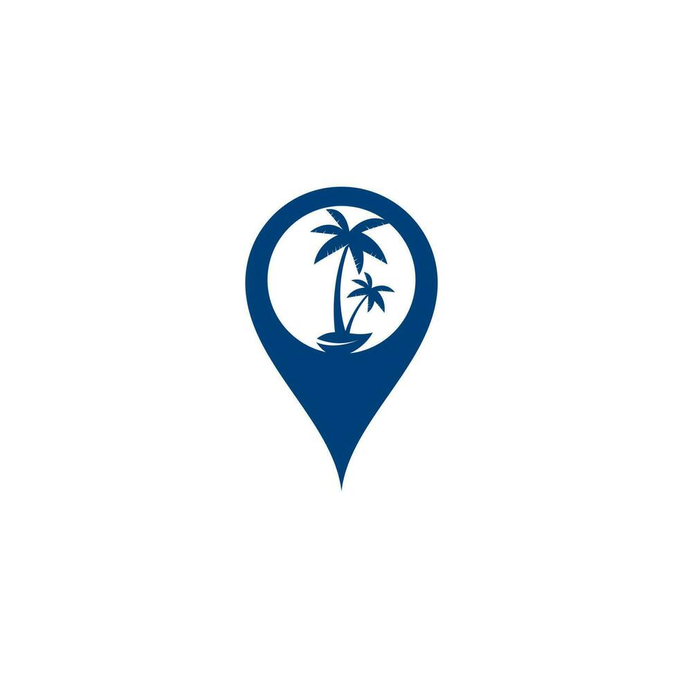 tropisch strand en palm boom logo ontwerp. creatief gemakkelijk palm boom vector logo ontwerp. tropisch strand kaart pin vorm concept logo
