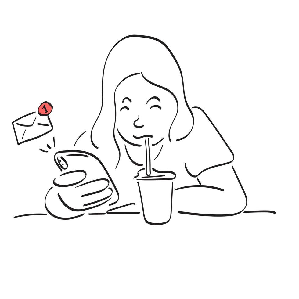 lijn kunst vrouw lezing e-mail Aan haar smartphone en drinken bevroren koffie Aan tafel illustratie vector hand- getrokken geïsoleerd Aan wit achtergrond
