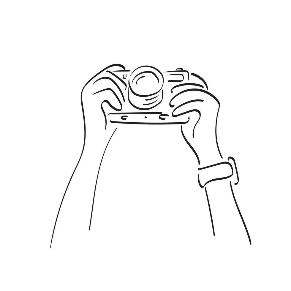 lijn kunst detailopname hand- Holding compact camera illustratie vector hand- getrokken geïsoleerd Aan wit achtergrond