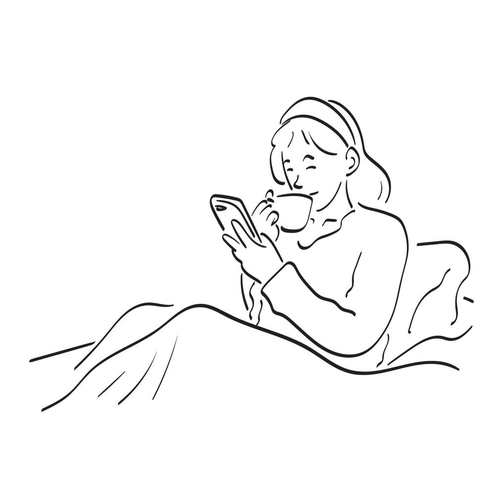 vrouw drinken koffie in haar bed en controle haar smartphone illustratie vector hand- getrokken geïsoleerd Aan wit achtergrond lijn kunst.