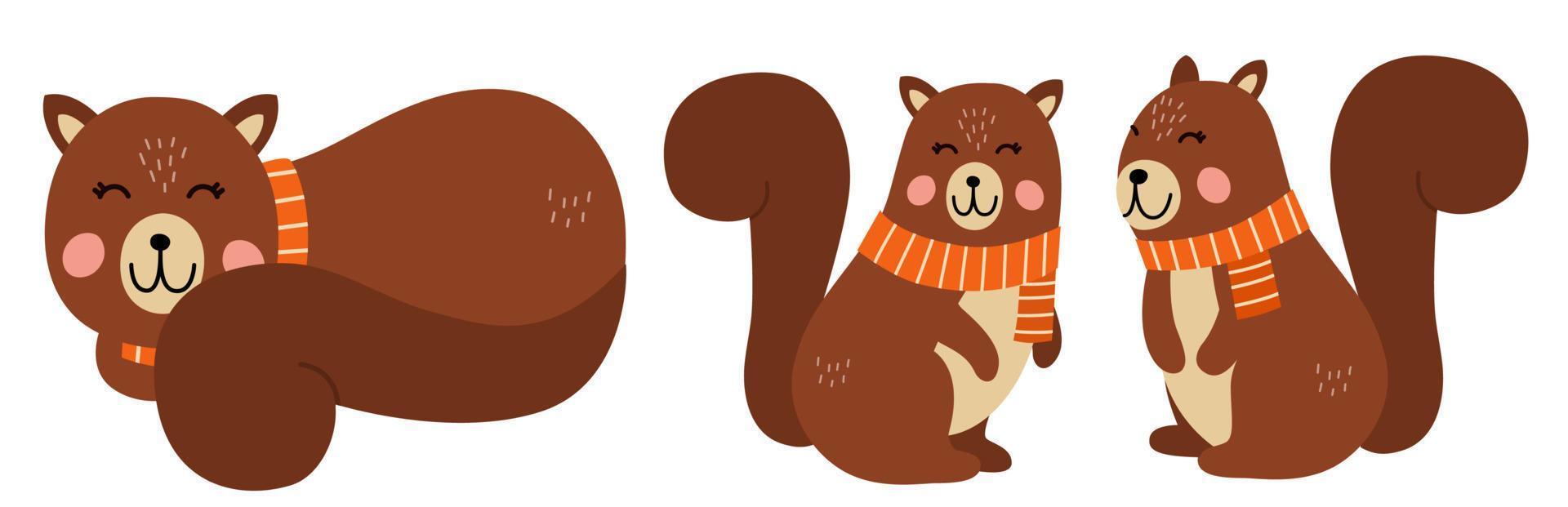 bruin eekhoorn vector illustratie set. herfst eekhoorn vervelend scraft. aanbiddelijk dier.