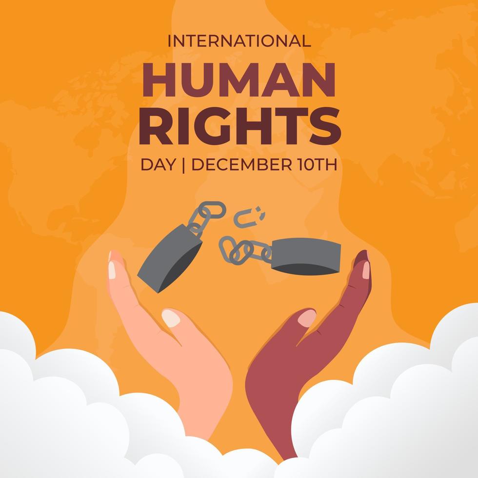 menselijk rechten dag 10e december met gebroken handboeien en multi etnisch hand- Holding illustratie vector