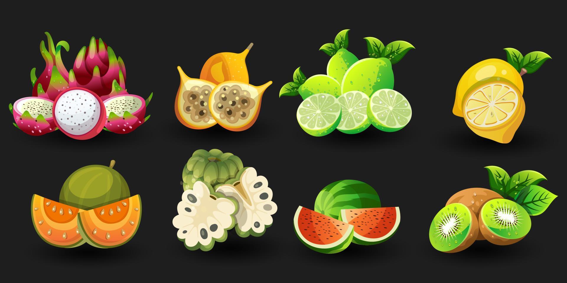 zoet vruchten. draak fruit, passie fruit, limoen, citroen, watermeloen, pompoen, zuurzak, kiwi, mango, appel, banaan, oranje, limoen. 3d realistisch vector voorwerp