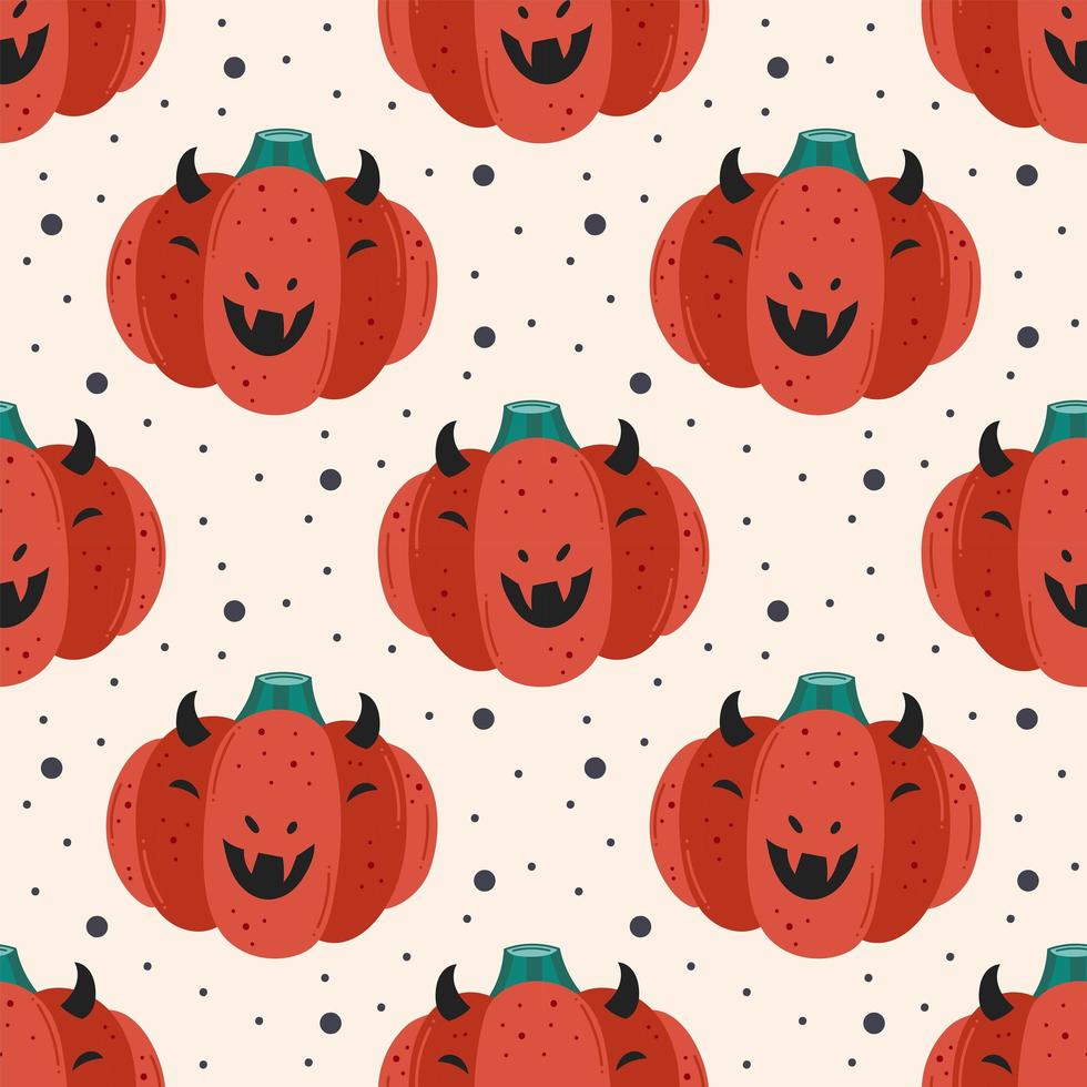 griezelige rode pompoen in duivelskostuum. happy halloween naadloze patroon, textuur. vector