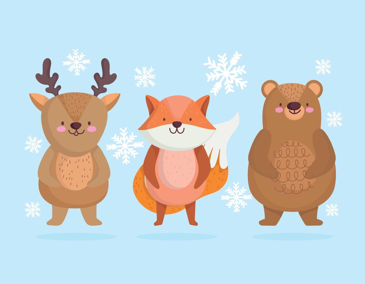 schattig weinig rendier beer en vos dier met sterren in tekenfilm ontwerp vector