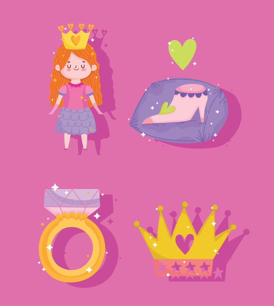 prinses schoen ring en kroon tekenfilm pictogrammen reeks vector