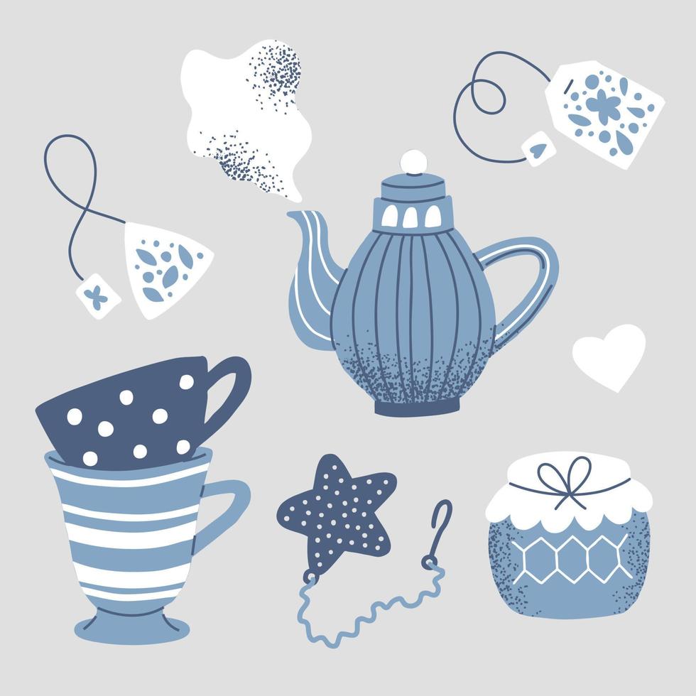 thee partij set. theepot, thee bladeren, mokken, kopjes, honing en jam. elegant blauw serviesgoed vector