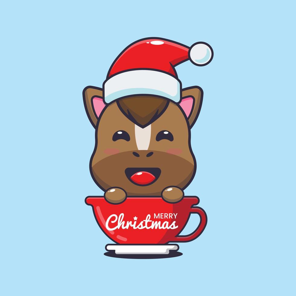 schattig paard vervelend de kerstman hoed in beker. schattig Kerstmis tekenfilm illustratie. vector