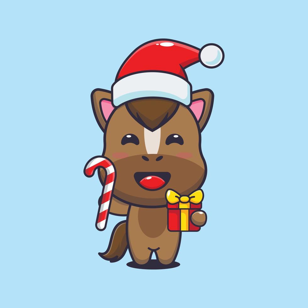 schattig paard Holding Kerstmis snoep en geschenk. schattig Kerstmis tekenfilm illustratie. vector