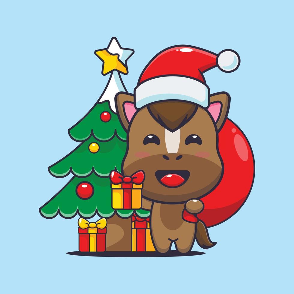 schattig paard draag- Kerstmis geschenk doos. schattig Kerstmis tekenfilm illustratie. vector