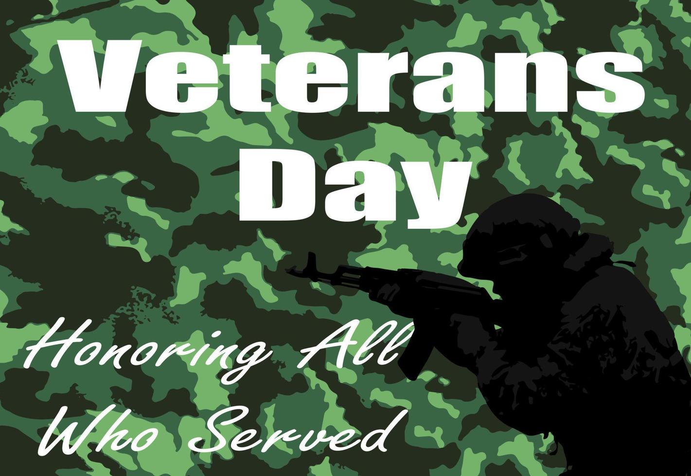 silhouet van een Amerikaans soldaat Aan een camouflage achtergrond met de opschrift veteranen dag. vector afbeelding.