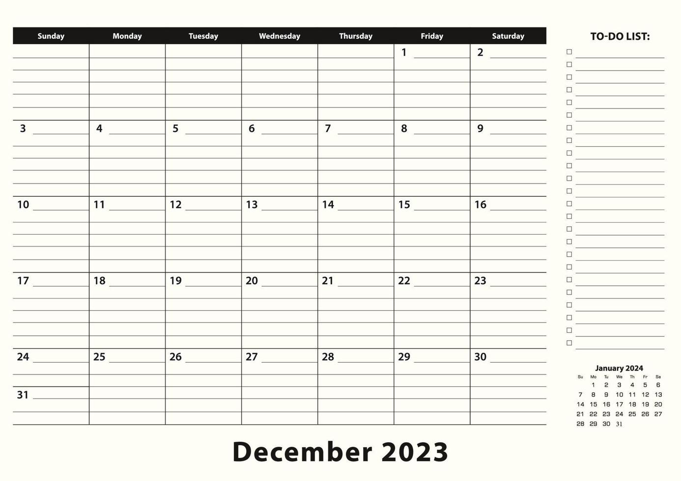 december 2023 maandelijks bedrijf bureau stootkussen kalender. vector