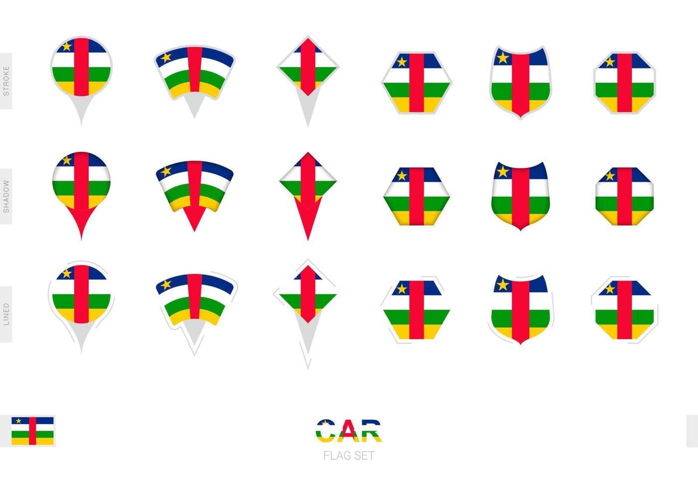 verzameling van de centraal Afrikaanse republiek vlag in verschillend vormen en met drie verschillend Effecten. vector