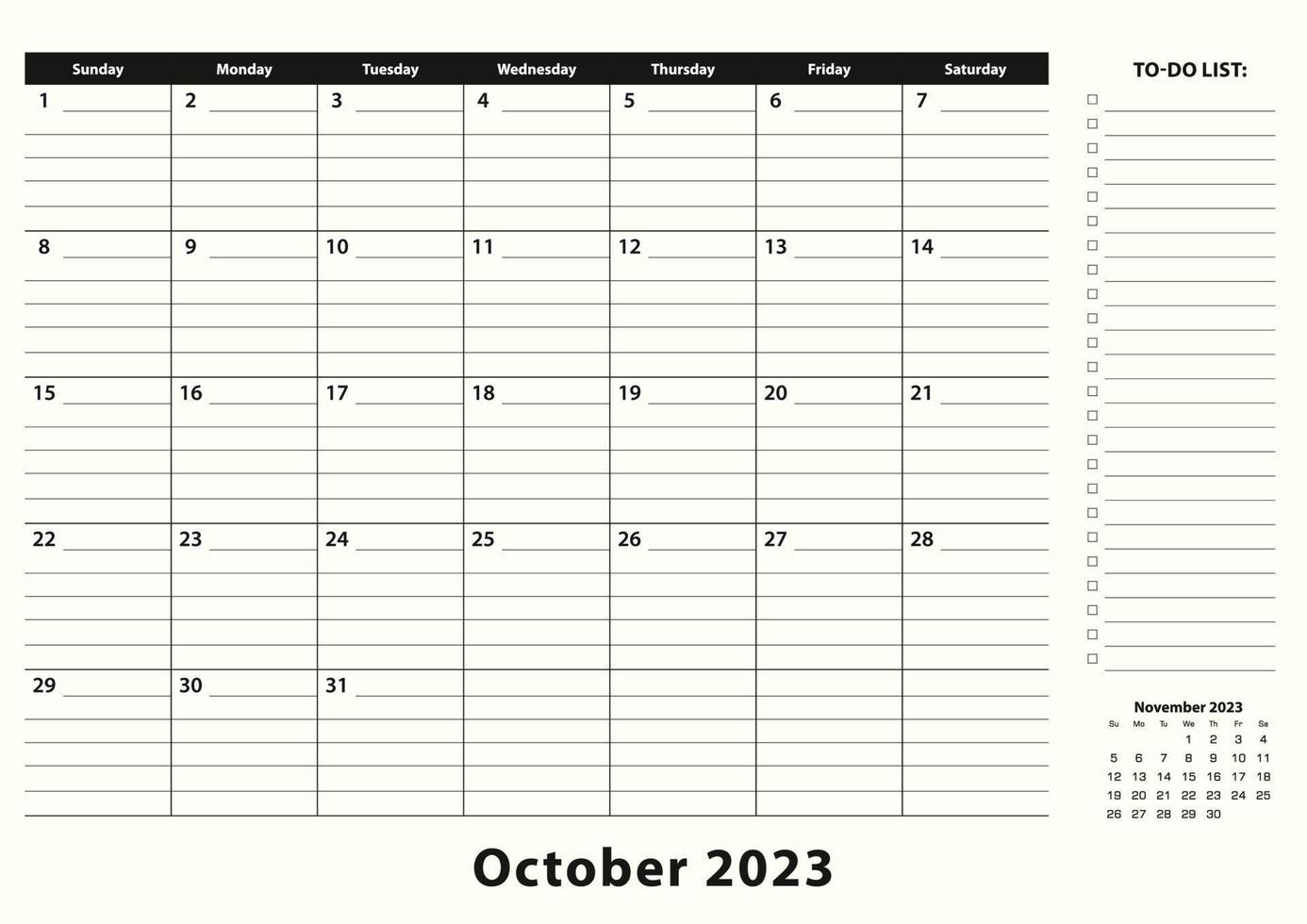 oktober 2023 maandelijks bedrijf bureau stootkussen kalender. vector