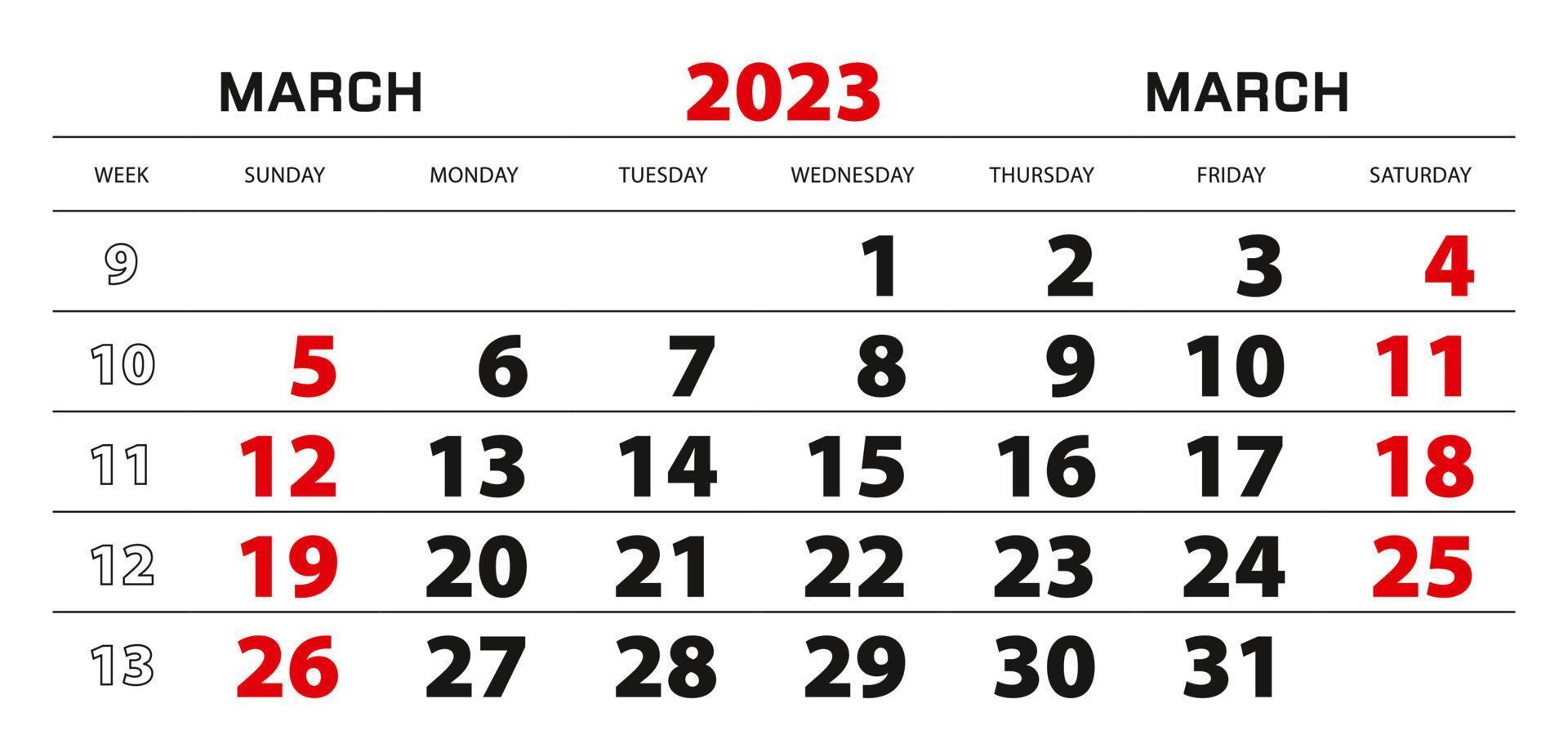muur kalender 2023 voor maart, week begin van zondag. vector