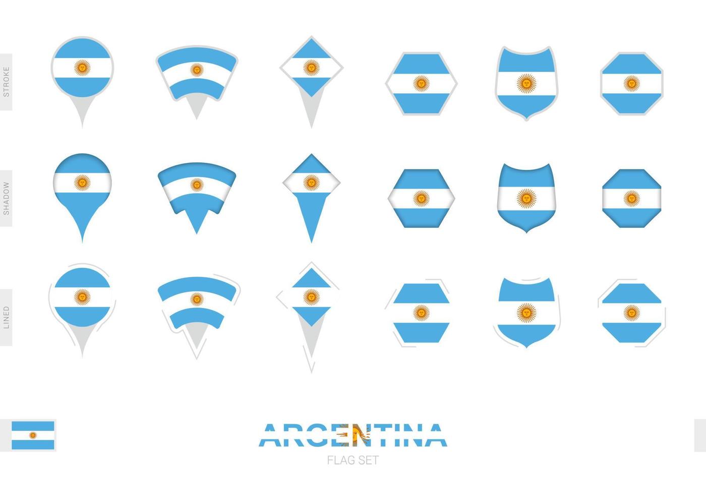 verzameling van de Argentinië vlag in verschillend vormen en met drie verschillend Effecten. vector