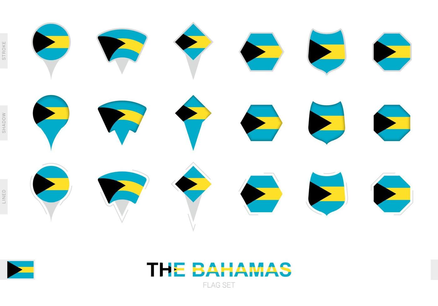 verzameling van de de Bahamas vlag in verschillend vormen en met drie verschillend Effecten. vector