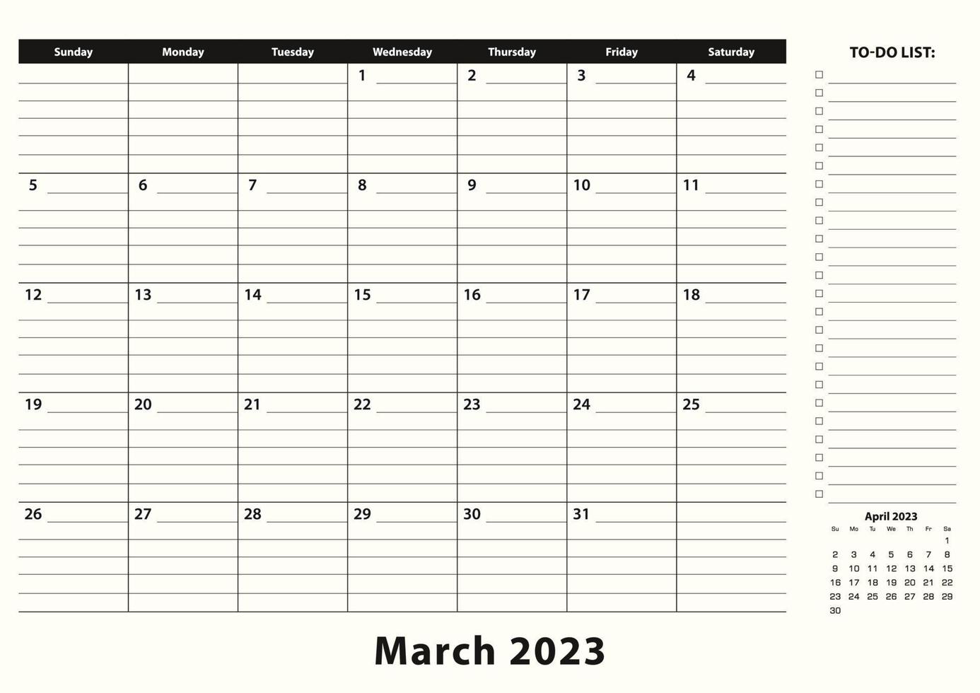 maart 2023 maandelijks bedrijf bureau stootkussen kalender. vector