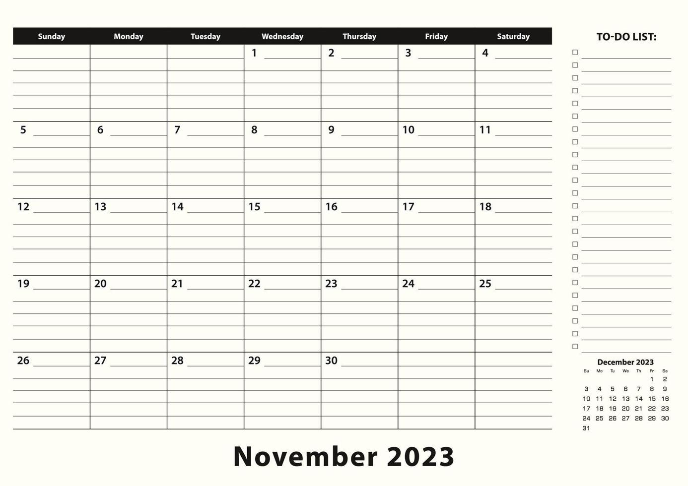 november 2023 maandelijks bedrijf bureau stootkussen kalender. vector