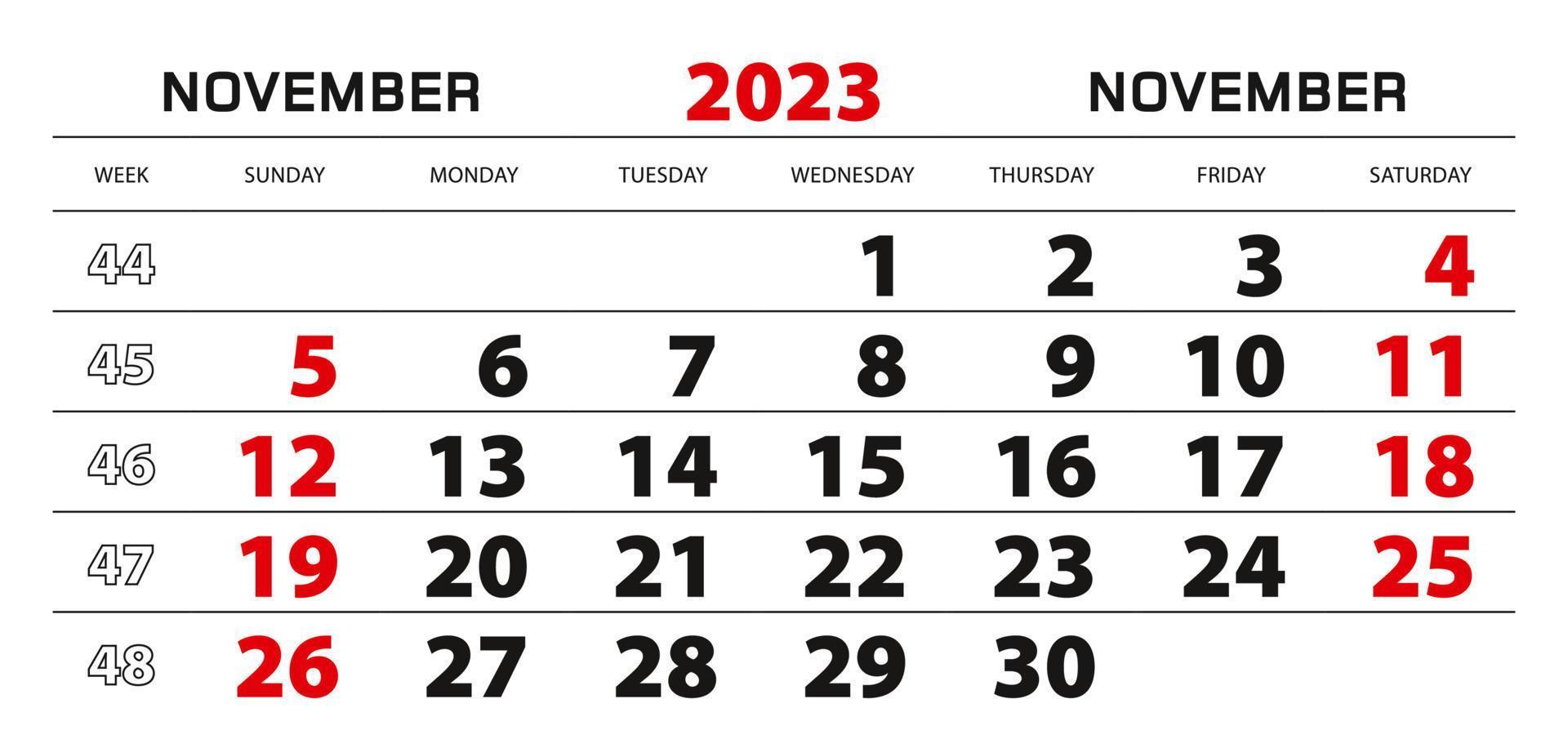 muur kalender 2023 voor november, week begin van zondag. vector