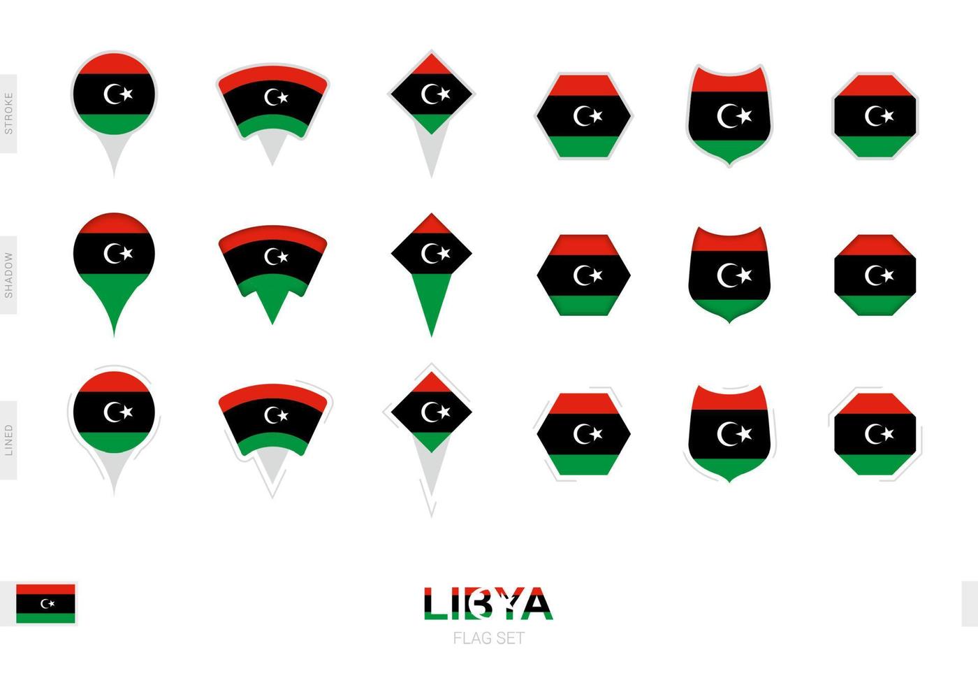 verzameling van de Libië vlag in verschillend vormen en met drie verschillend Effecten. vector