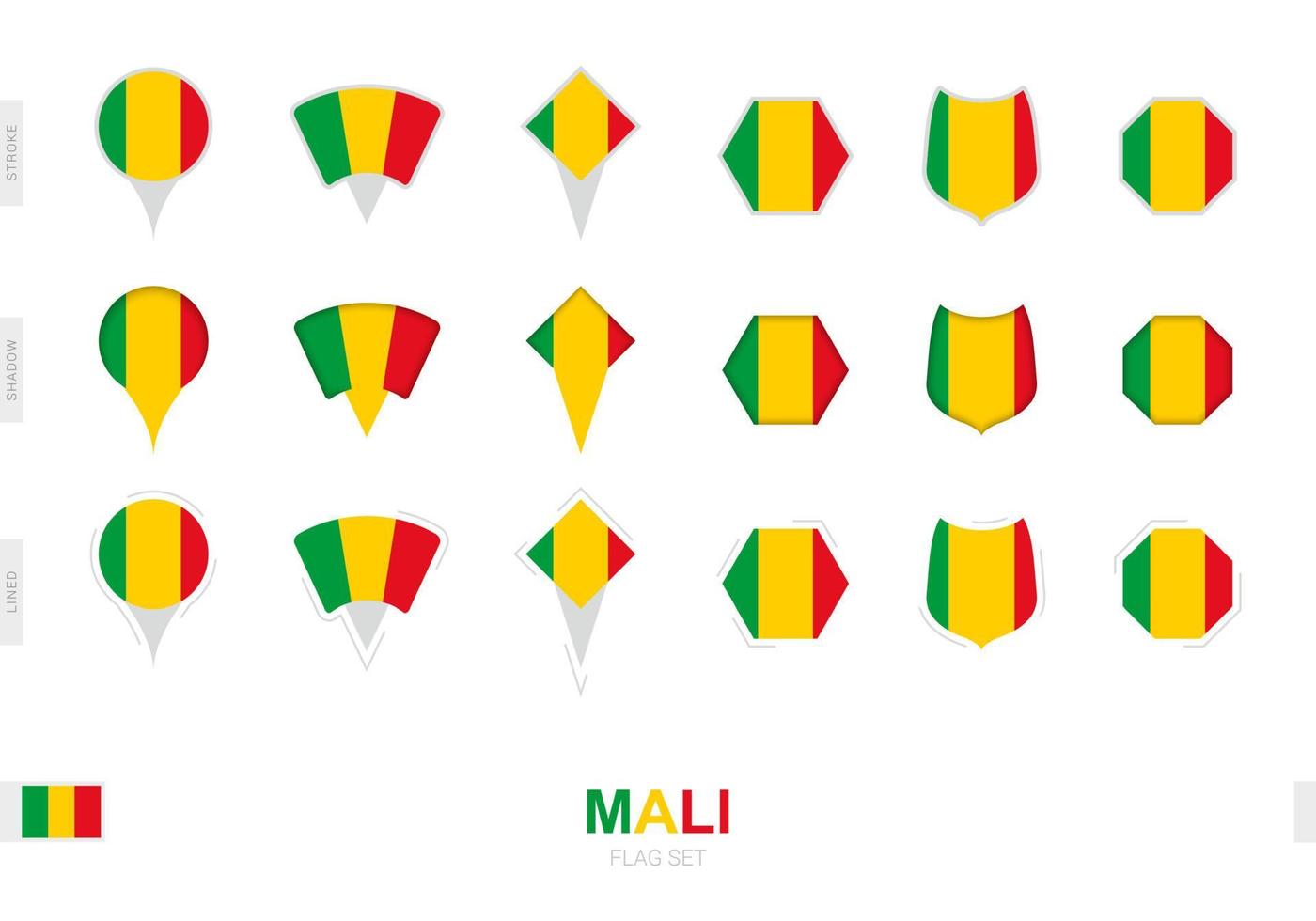 verzameling van de Mali vlag in verschillend vormen en met drie verschillend Effecten. vector