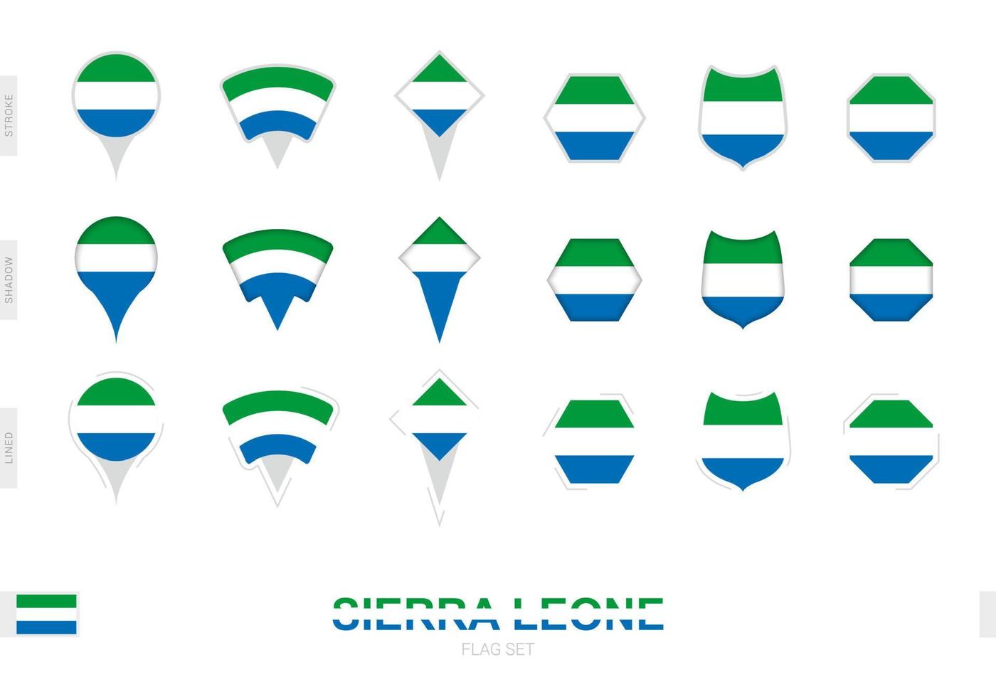 verzameling van de Sierra Leone vlag in verschillend vormen en met drie verschillend Effecten. vector