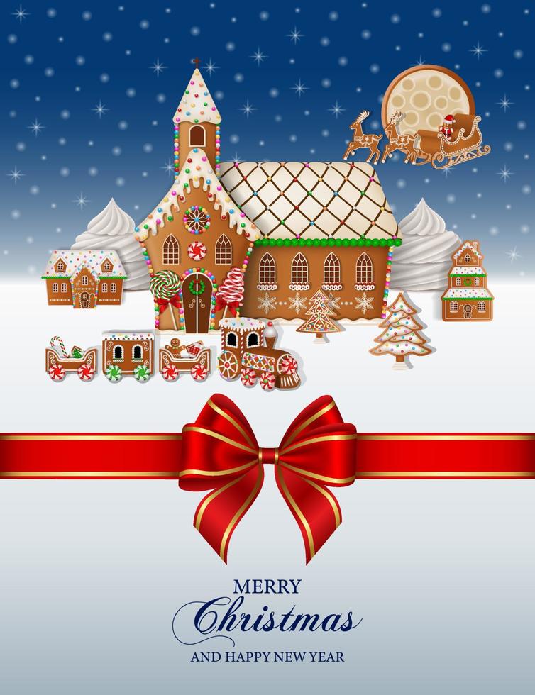 Kerstmis achtergrond met peperkoek landschap en rood boog. Kerstmis poster met peperkoek koekjes vector