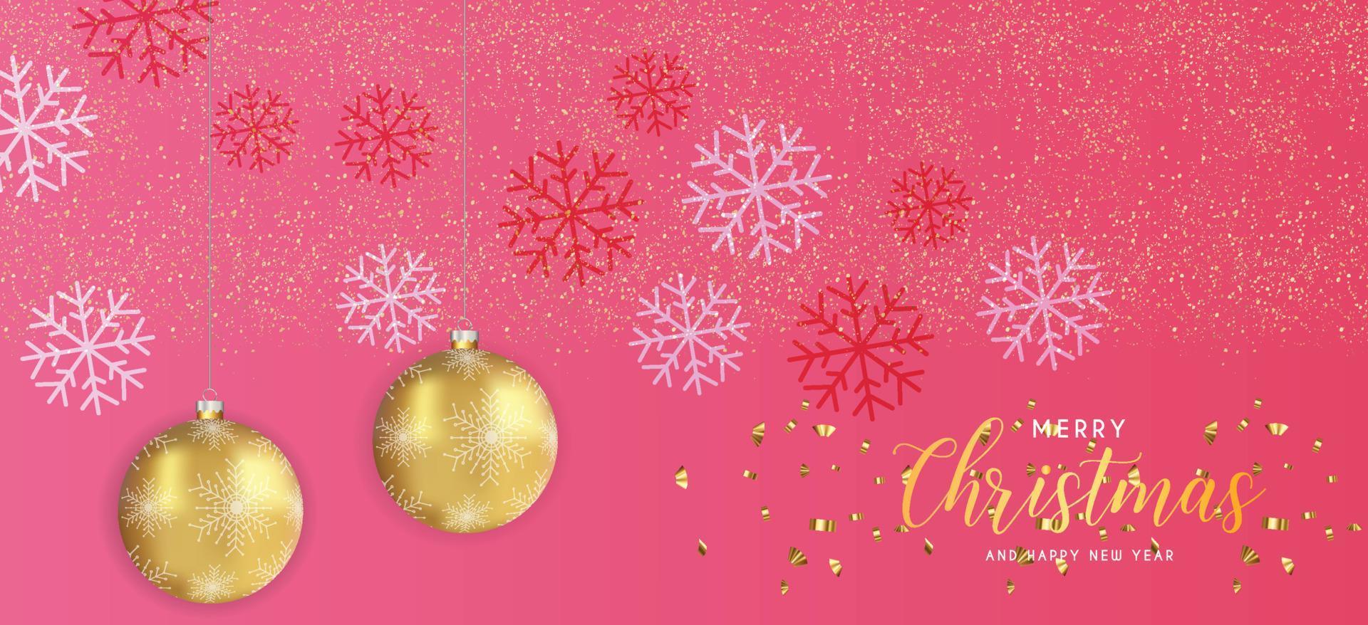 feestelijk Kerstmis roze achtergrond met gouden Kerstmis decoraties en gouden glinstert. vector illustratie.