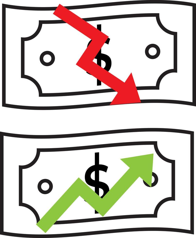 bankbiljetten met naar beneden en omhoog pijl symbolen, voor recessie concept vector