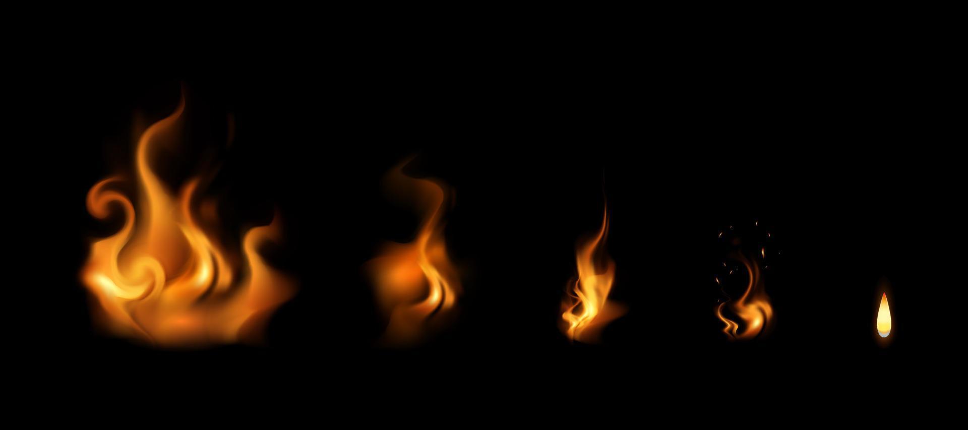 realistisch brand vlam van groot vreugdevuur naar klein kaars vector
