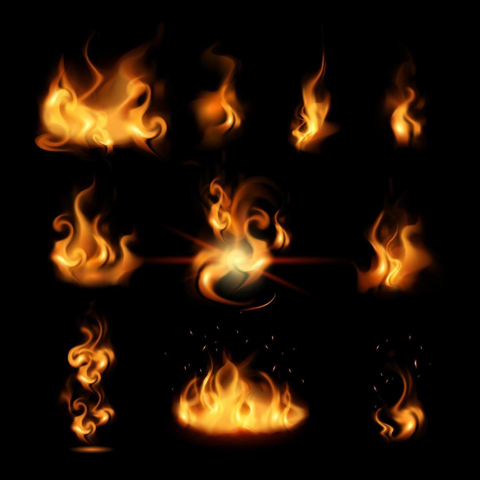 realistisch brand groot en klein vlammen Aan zwart achtergrond vector
