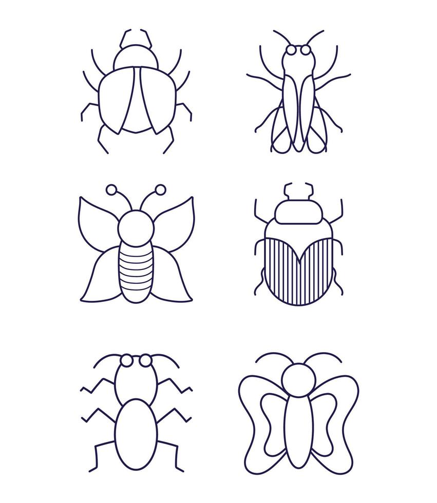 insecten klein dieren in dun lijn stijl pictogrammen vector