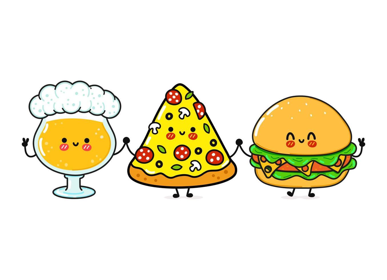 schattig, grappig vrolijk glas bier, pizza en hamburger. vector hand getekend kawaii stripfiguren, illustratie pictogram. grappige cartoon glas bier, pizza en hamburger mascotte vrienden concept