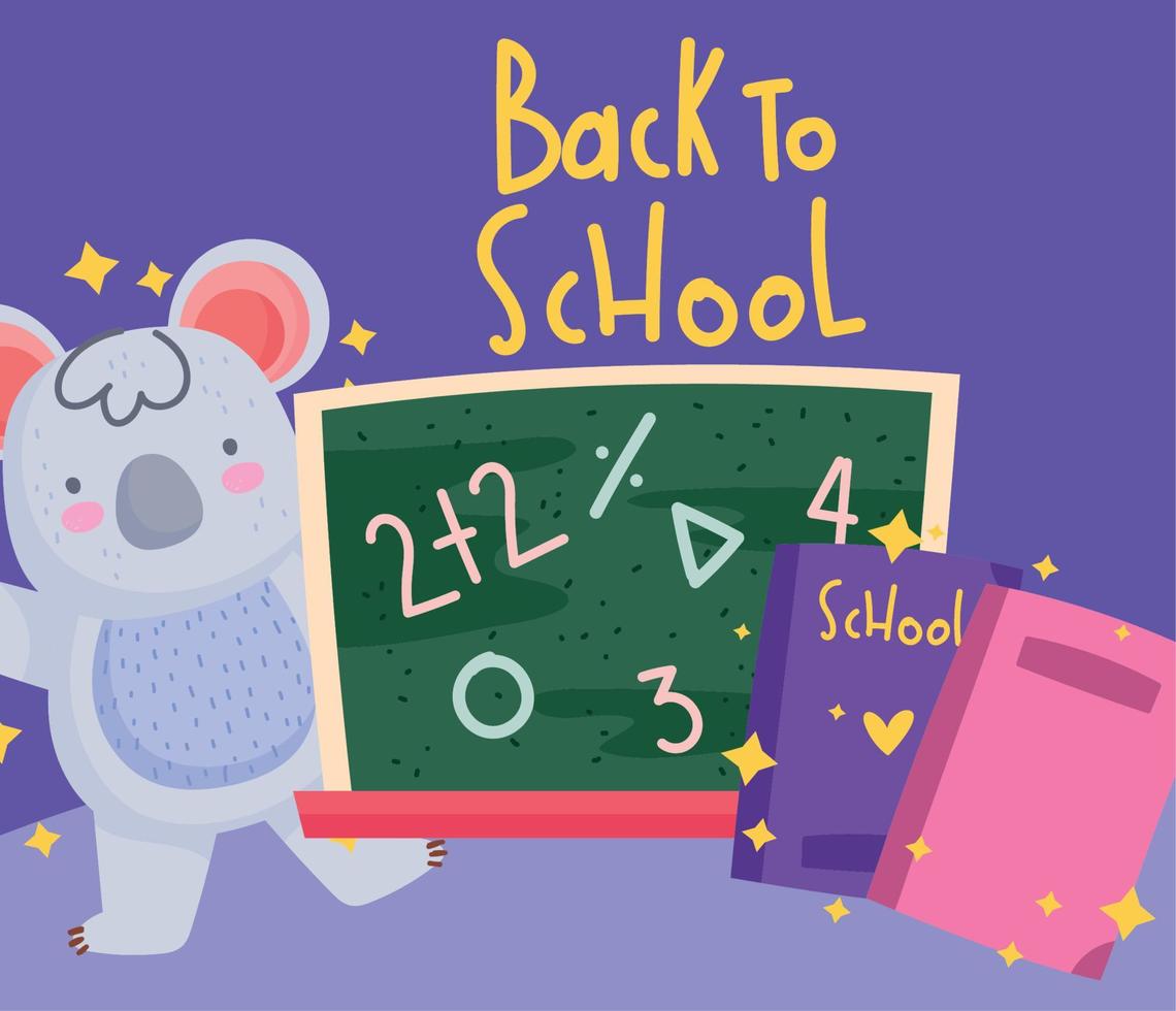 terug naar school, koala met boeken en schoolbord tekenfilm vector